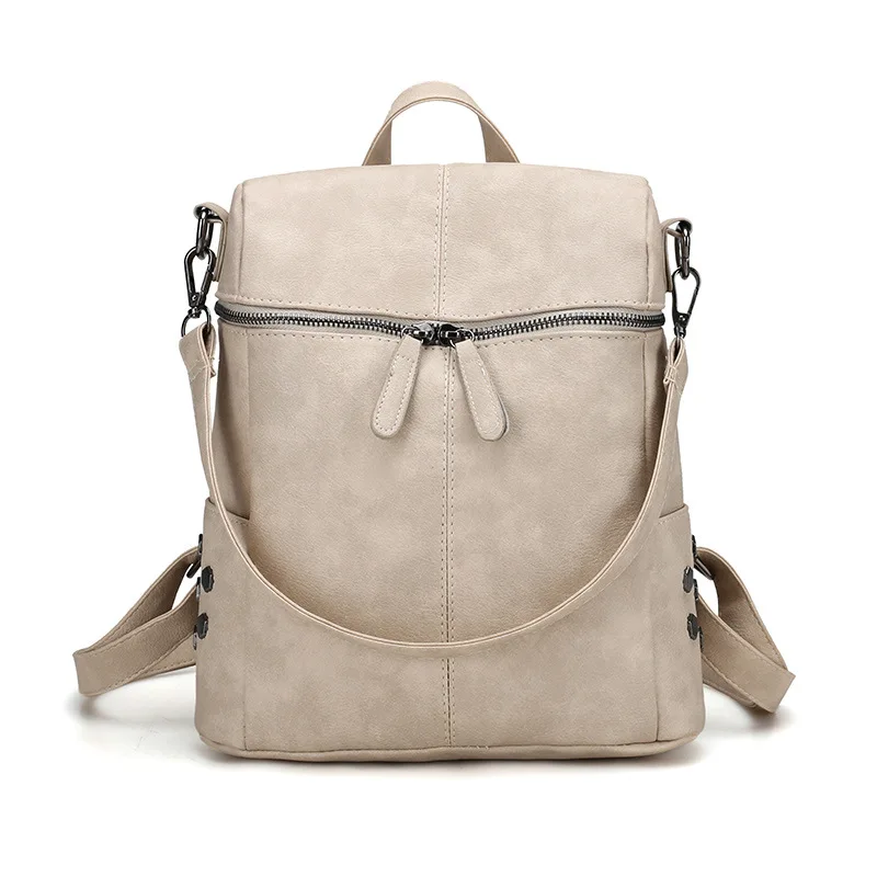 TTOU, простой стиль, женский рюкзак из искусственной кожи, рюкзаки для девочек-подростков, школьные сумки, модные винтажные однотонные черные сумки на плечо - Цвет: Beige