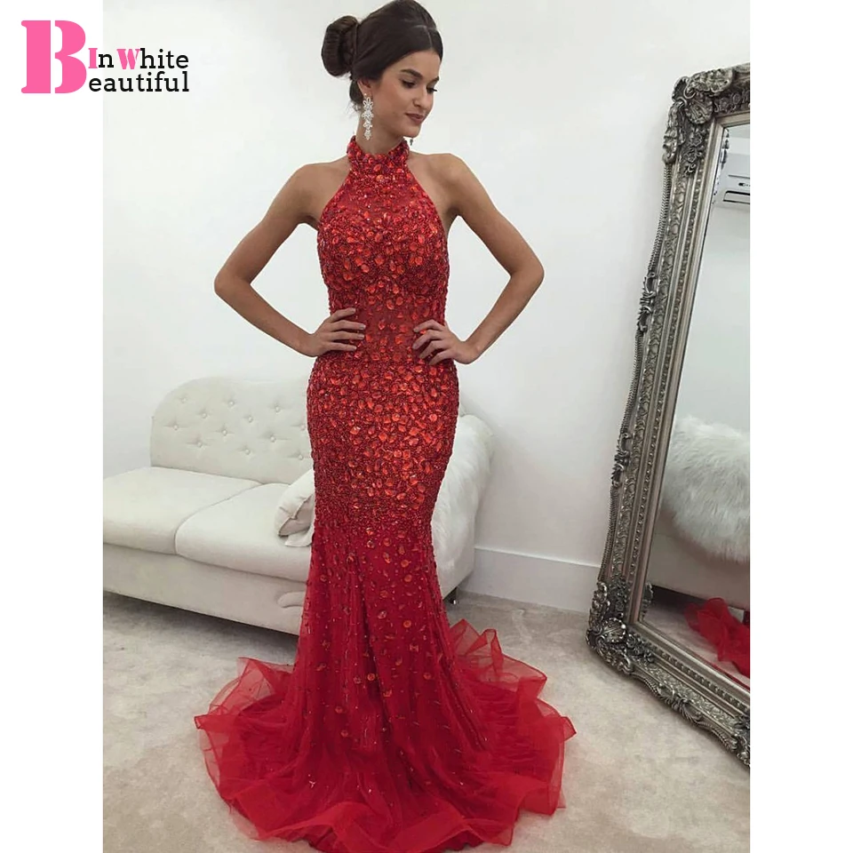 

Beautifulinwhite Red Prom Dresses Full Crystal Halter See Through Tulle Floor Length Robe De Soiree Backless Evening Dress BP047