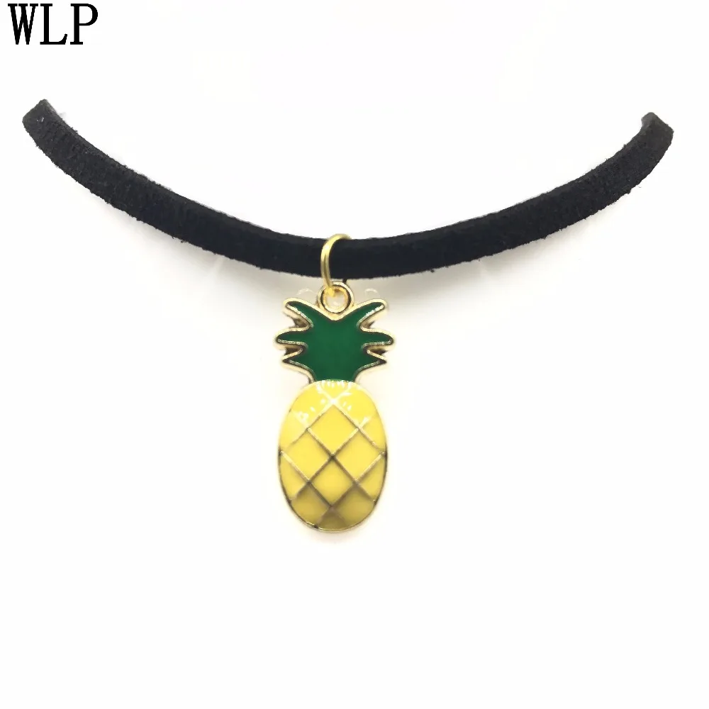 

WLP Hot New Fashion Collares Collier Bijoux Black Velvet Leather Crystal Pineapple apple Pendant Maxi Statement Chokers Necklace