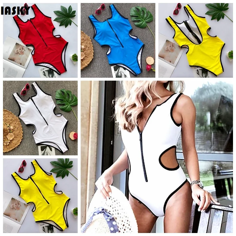 

IASKY Sexy Women One Piece Swimsuit 2018 New Hollow Out Backless Swimwear BeachWear sports swimming suit with zipper front