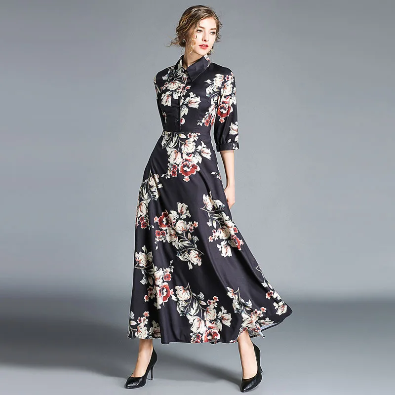 

Fashion Autumn women's lapel dresses 2018 Fall Chic three quarter sleeve maxi dress Slim fit floral print dress D332