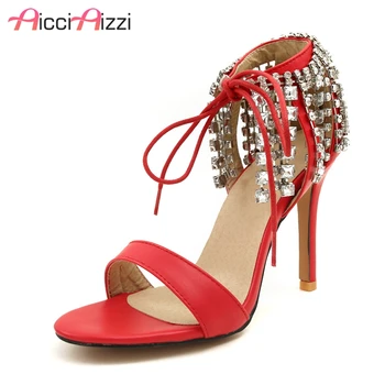 

ZALAVOR Size 32-46 Women High Heel Sandals Lace Up Rhinestones Open Toe Women Sandals Fashion Ornate Shoes Dress Footwear