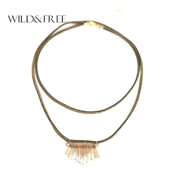 

Women Black Suede Choker Double Layer Necklace Rope Chain Metal Geometric Pendant Leather Clavicle Punk Choker Collar Necklace