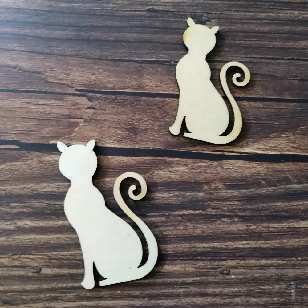 

10pcs Unfinished Wooden Cat Wood Embellishments for Craft DIY Wood Laser Cut Gift Tags Scrapbooking
