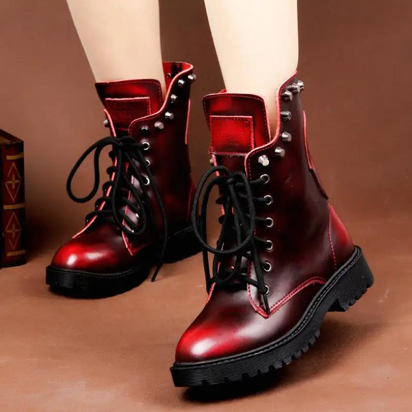 

2018 autumn and winter new leather boots women rivet boots retro student women's boots