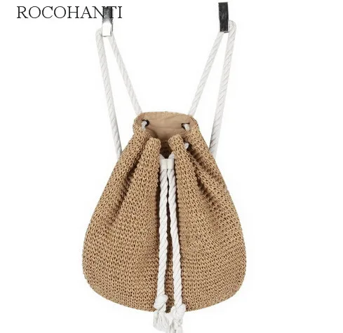 

ROCOHANTI Japan Style Women Straw Crocheted Backpack Drawstring Beach Bag Woven Shoulder Bag Causal Travel Bag High Quality