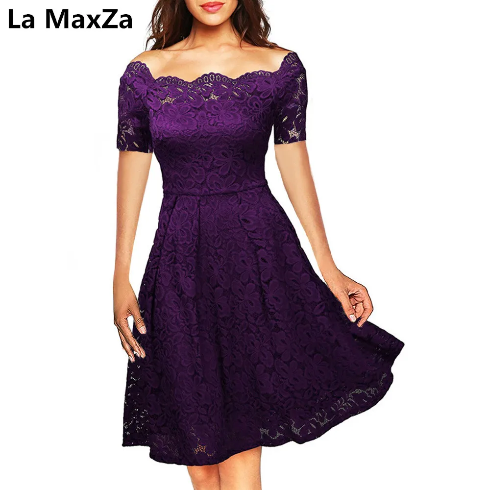 

La MaxZa 2019 short sleeve dresses lace summer clothes for women purple black elegant off shoulder evening club ladies gowns