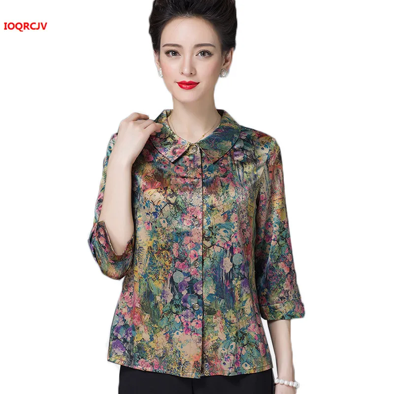  Plus Size Summer Women's Floral Silk Shirt 2019 Three Quarter Sleeve Blouse And Tops Single-Breaste