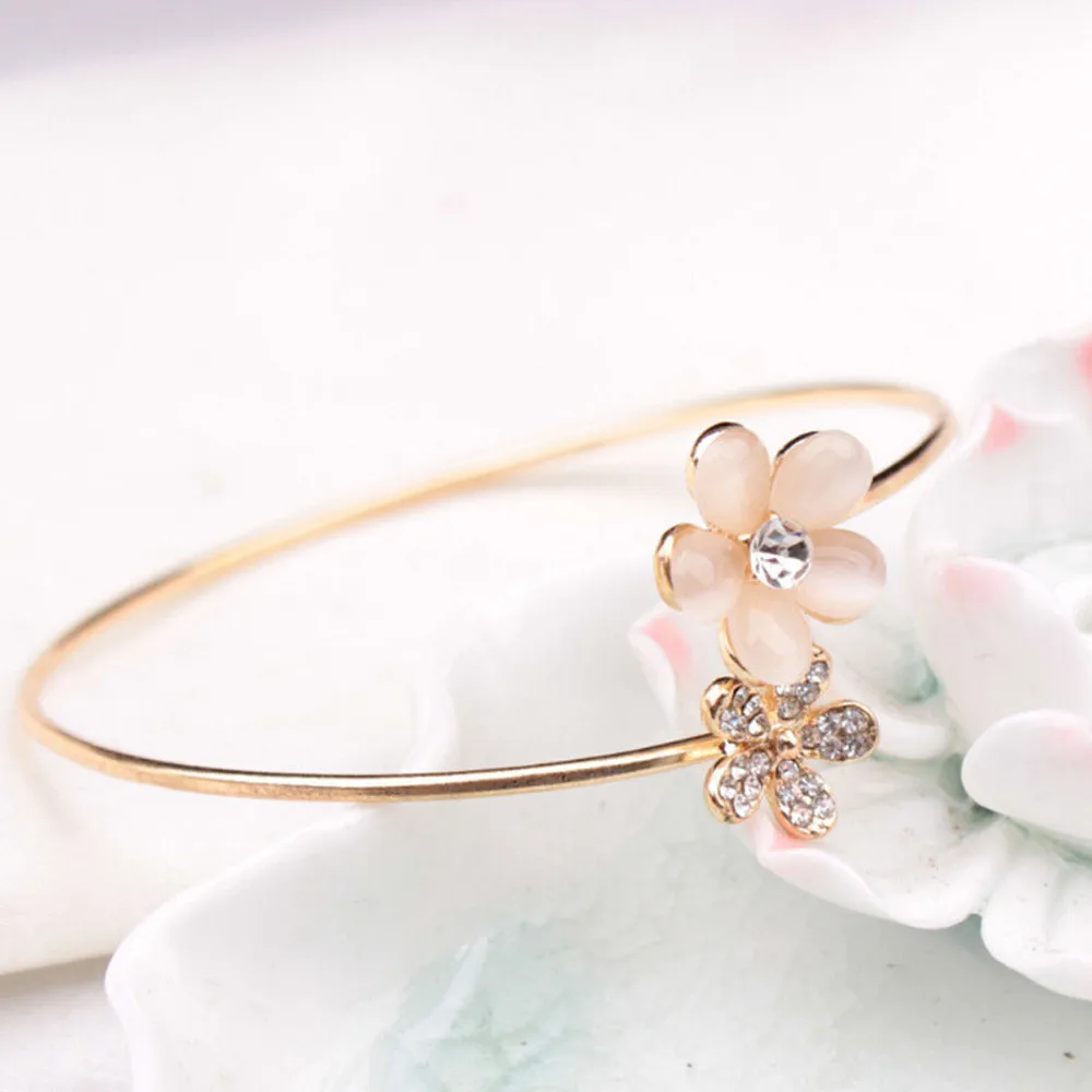 

New Brand Wonderful Lady Crystal Double Five Leaf Open Bangles Bracelet Nice Alloy+Rhinestone beautiful accessories #30G