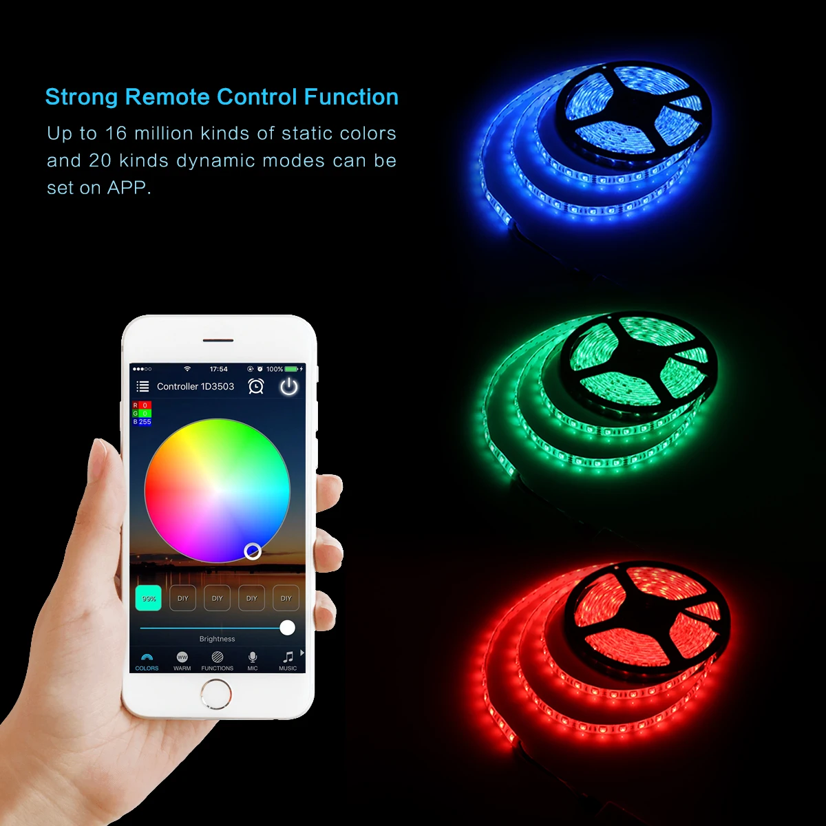 5m RGB Strip Light Kit Smart Phone APP Control IR Remote Control Work ...