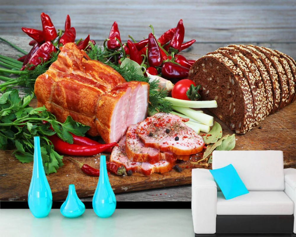 

Papel de parede Ham Bread Vegetables Pepper Cutting board Food 3d wallpaper,fast food shop restaurant dining room kitchen murals