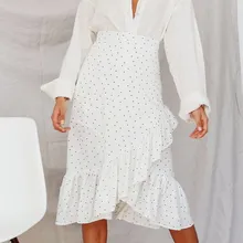 Юбки миди с принтом в горошек, женская модная юбка с высокой талией, женская летняя юбка с оборками, повседневная женская юбка