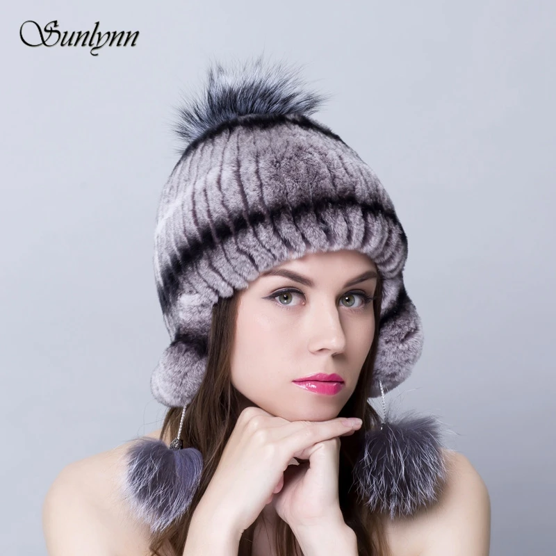 Women's Real Mink Fur Hat With Real Fox Fur Pompom – Winter Knitted Warm Cap