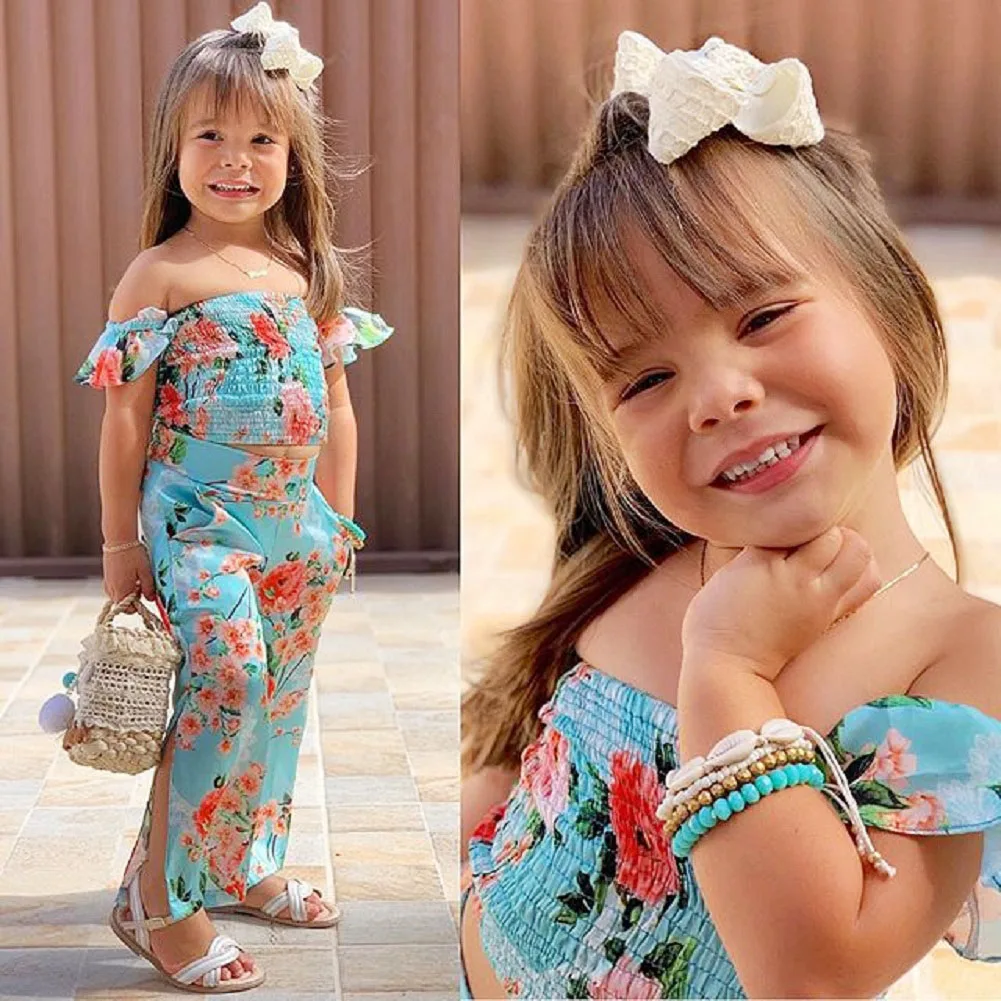 UK/одежда с цветочным принтом для маленьких девочек; укороченный топ с открытыми плечами; леггинсы; длинные штаны с широким разрезом; летняя праздничная одежда
