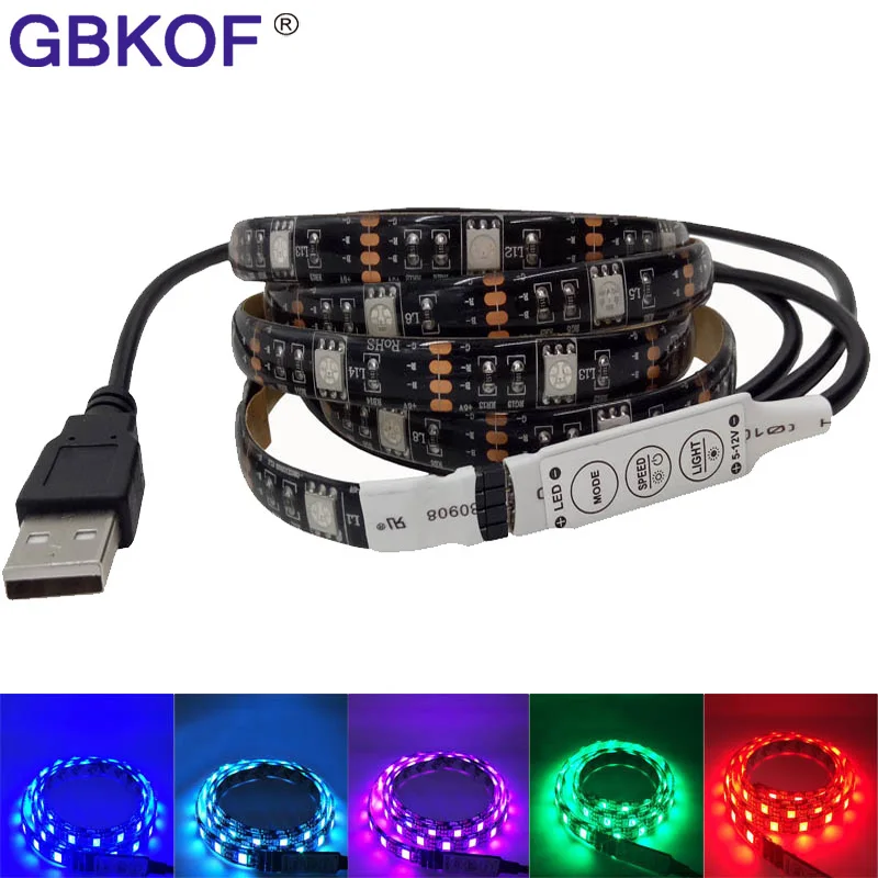 USB Cable Power RGB LED Strip Light 50cm 1m 2m 3m 4m 5m SMD 5050 Black