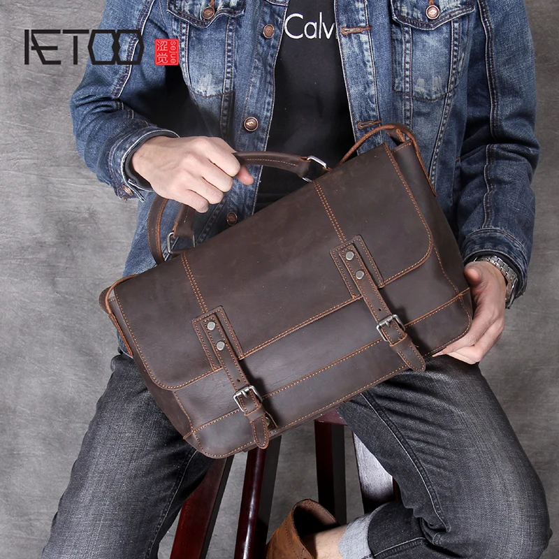 

BJYL Retro head cowhide Men briefcase Postman bag handmade leather handheld man shoulder crossbody bag