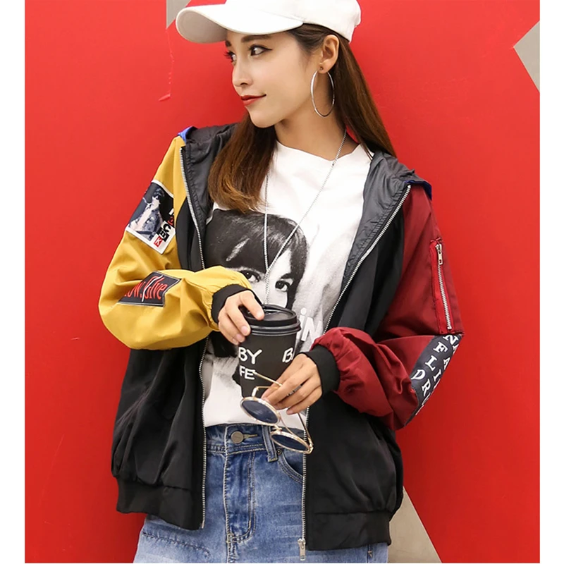 

Bomber Jacket Women Baseball Coat Autumn 2019 Long Sleeve Casual Loose Hit Color Harajuku Stitching Hooded Jackets Coat Female