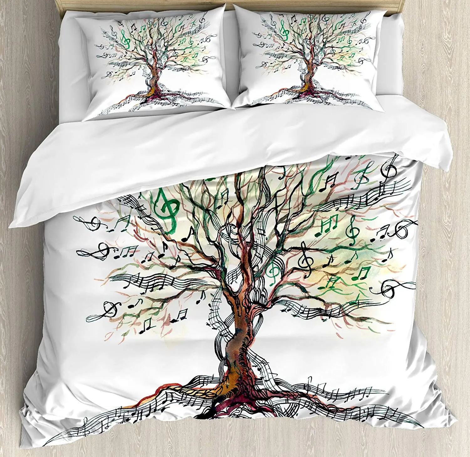 

Music Decor Duvet Cover Set Queen Size Musical Tree Autumn Clef Trunk Swirl Nature Illustration Leaves Creative Design Decorativ