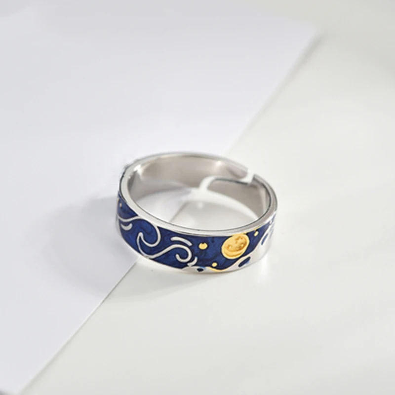 Qevila 100% 925 Sterling Silver Van Gogh Ring Adjustable Starry Sky Moon Enamel men Ring For Women Lover Engagement Wedding Ring (14)