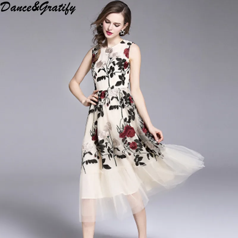 

New Summer Women Mesh Embroidery Flowers Runway Dresses 2018 Casual Sleeveless Tank Midi Party Sundress