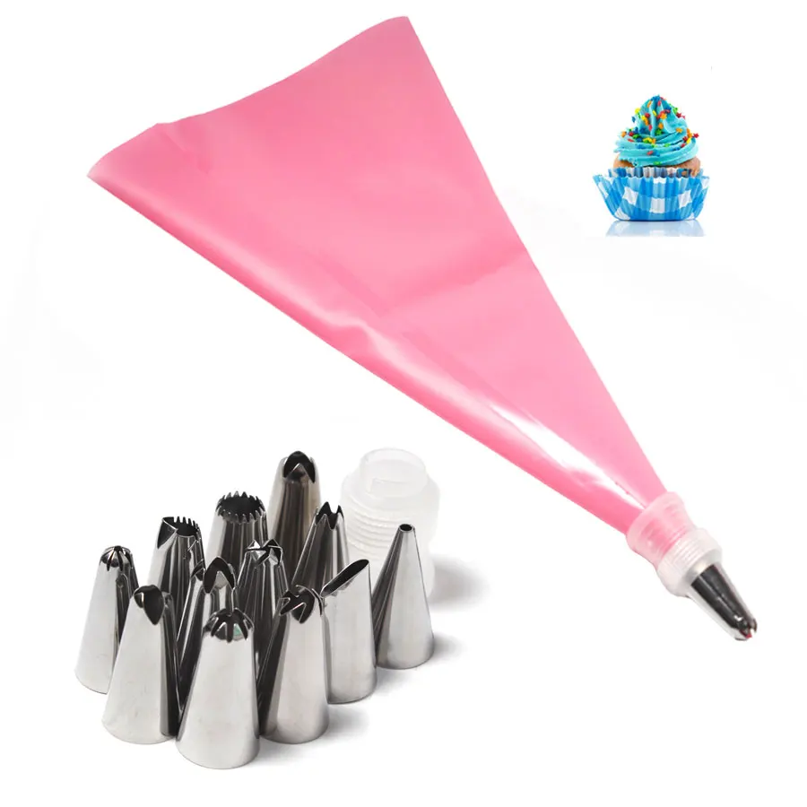 14Pcs/Set Reusable Piping Pastry Bag Stainless Steel Nozzle Set Icing