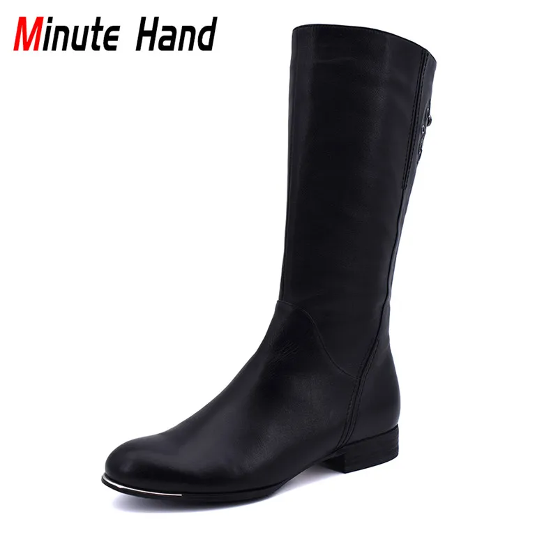 

Minute Hand Winter High Quality Cow Leather Wool Riding Boots Women Low Heels Side Zip Fashion Equestrian Boots Mid Calf Boots