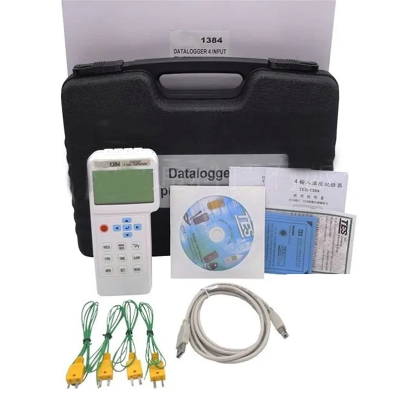 TES-1384 Highly Accurate 4 Input Function T1/T2/T3/T4 Temperature Display Thermometer Thermocouple with Datalogger