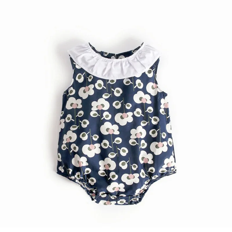 

FEERIJT Baby Girl Bodysuits 2019 Summer Clothes for Infant Girls Blue Printing Flower One-piece Suit Soft Bodysuit Sleeveless