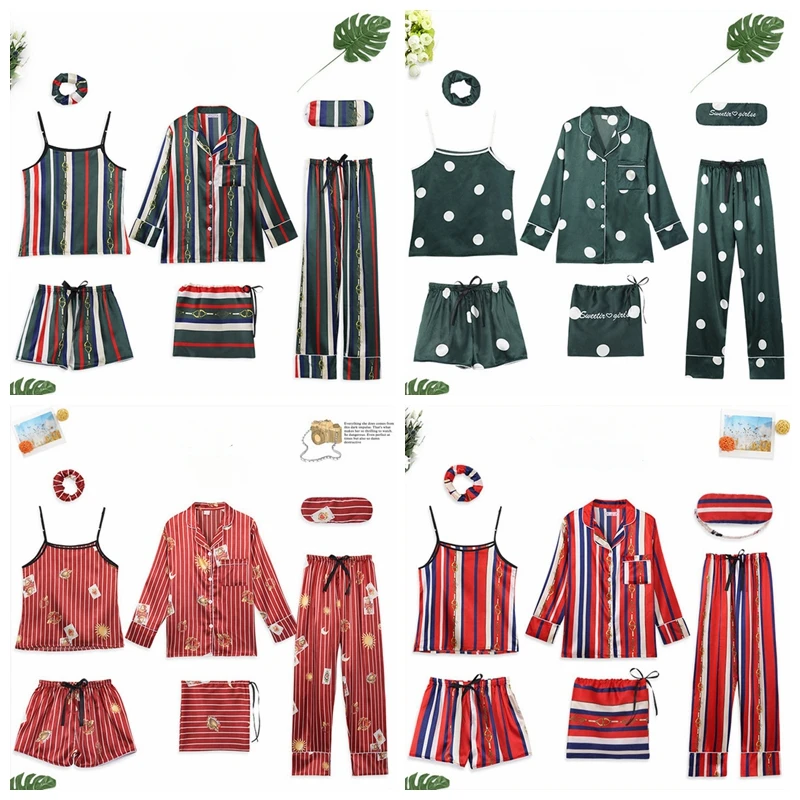 

2019 Women's 7 Pieces Pajamas Sets Printed colors Faux Silk Pajamas Sleepwear autumn female Homewear Slings