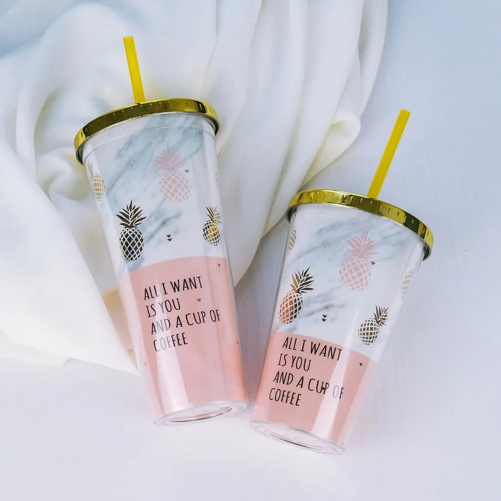 Позолоченные кружки с ананасом, пластиковая двухслойная бутылка для воды с соломинкой, розовая дорожная портативная чашка для сока, кофе, молока, посуда для напитков