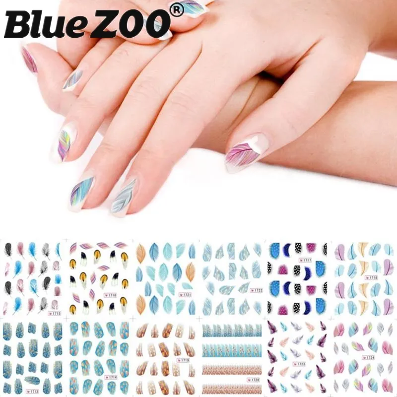 Beauty 12 Sheet/Lot Nail Water Sticker Colorful Feather Nail Art