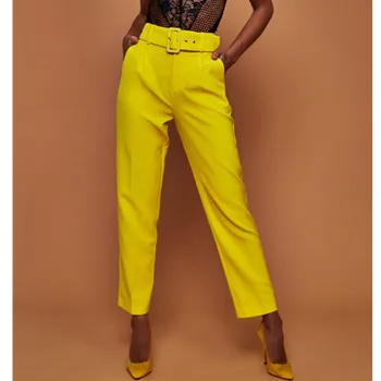 

European Style 2019 Women Summer Casual Fashion Pants High Waist Belted Straight Leg Slacks Office Lady Suit Pants Trousers