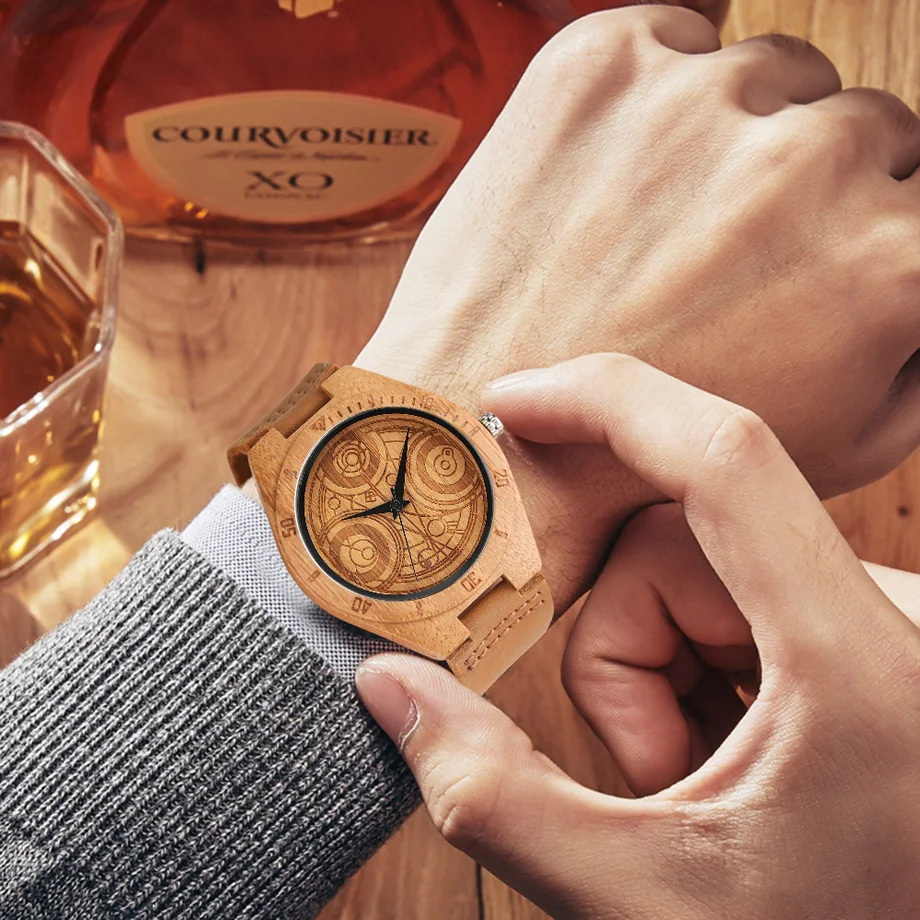 Natural Wood Watch DR.WHO Pattern Quartz Wood Watches Mens Brown Genuine Leather Handmade Bamboo Wooden Gift Clock  (15)