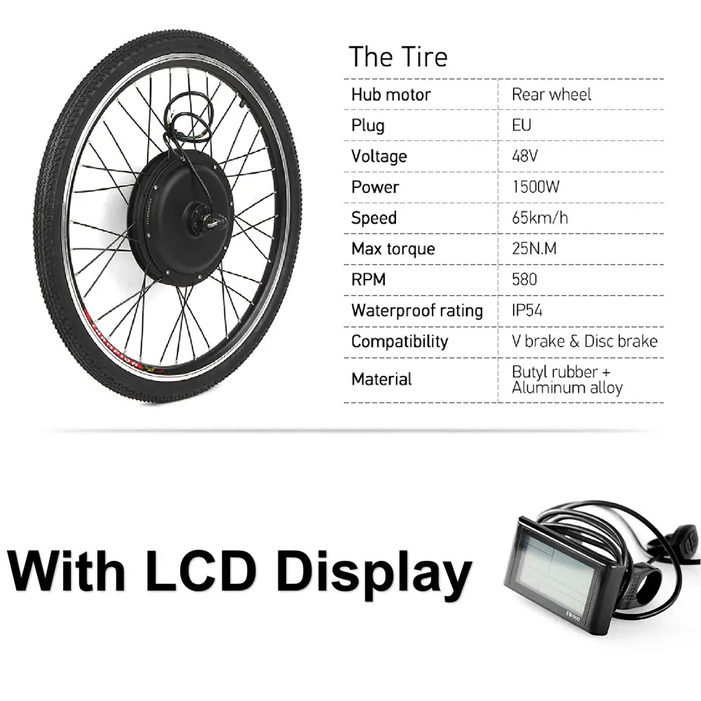 26x1,75 ''комплект для переоборудования электрического велосипеда 1000 Вт 48 В мощная задняя часть электровелосипеда колеса бесщеточный контроллер ступицы Электрический мотор колеса комплект - Цвет: 48V1500W EU With LCD