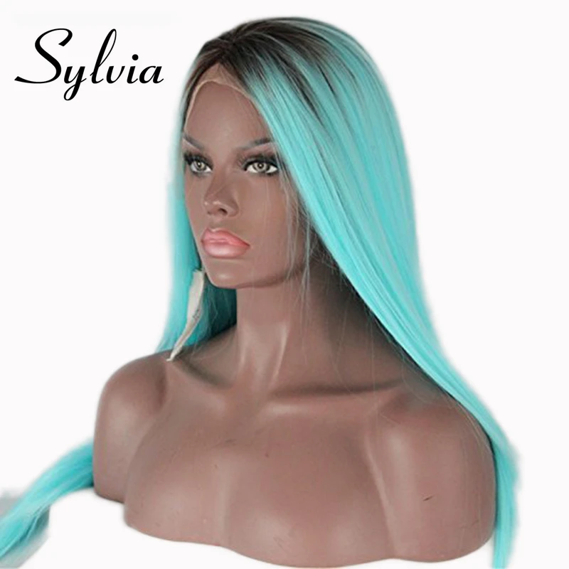 

Sylvia brown to blue ombre silky straight synthetic lace front wigs sky blue long heat resistant fiber hair with dark roots