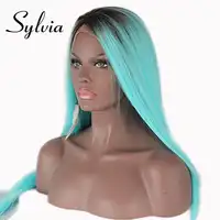 Sylvia brown to blue ombre silky straight synthetic lace front wigs sky blue long heat resistant fiber hair with dark roots