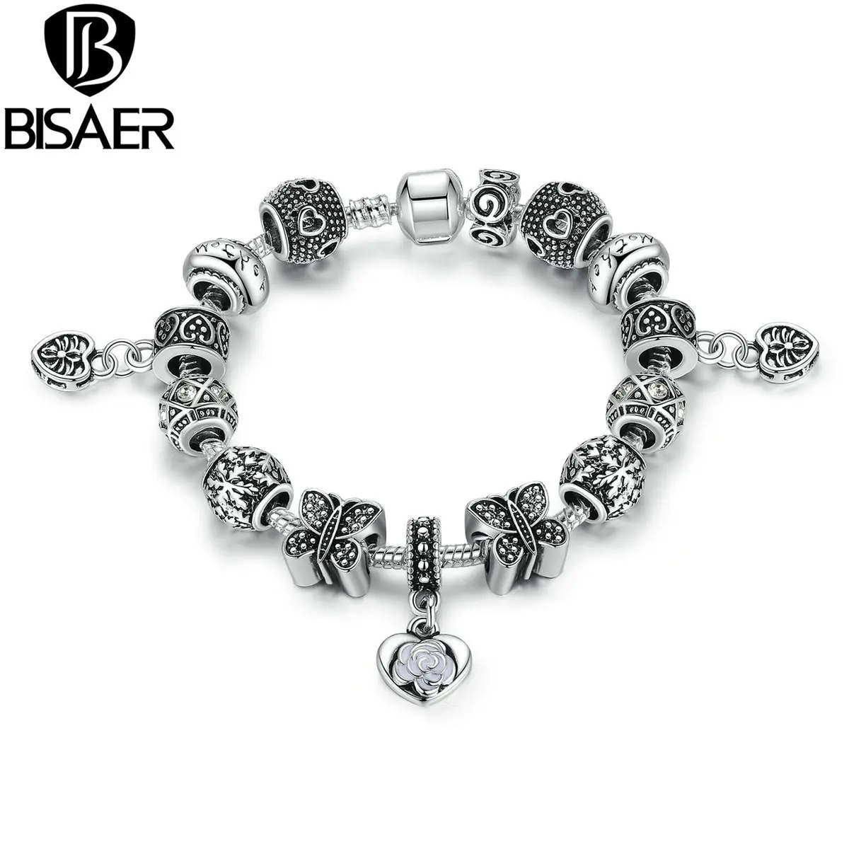 

Summer Style Ancient Silver Charms Snake Chain Bracelet with 14 Beads Heart Pendant DIY Jewelry Pulseira Gfit WEU1491