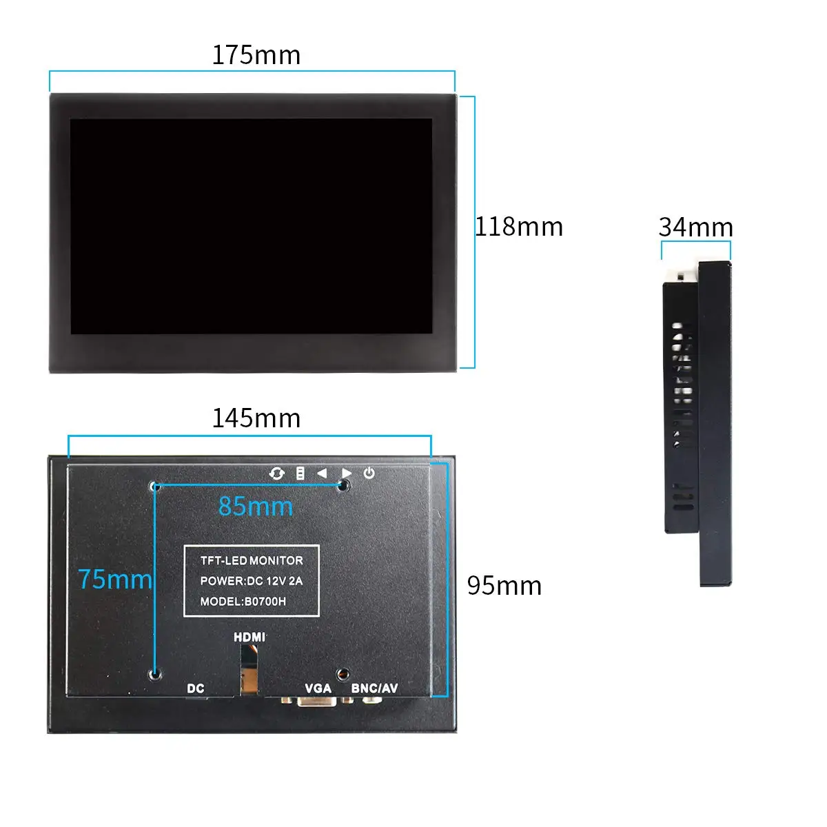7 Inch LCD Full HD 1024x600 Portable Display Camera Viewfinders AV Input/VGA/HDMI/BNC Black Metal Shell for PS3/xbox PC Monitor