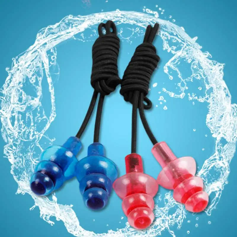

1 Pair Blue Red Elastic Rubber String Clear Soft Silicone Swim Ear Plugs With Storage Case