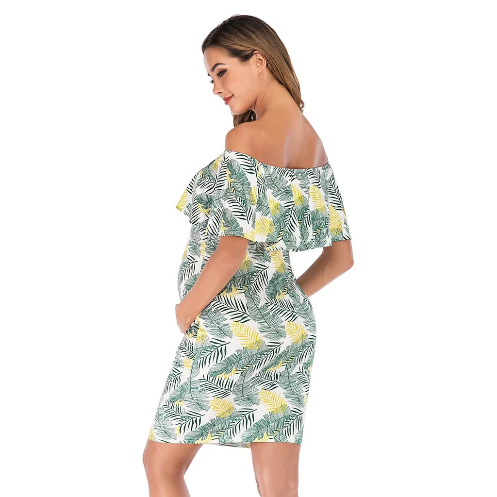 

Mini Party Dresses New pint Short Sleeve One Word Collar Tighten Waist Summer Dress Women Print Strapless MM613