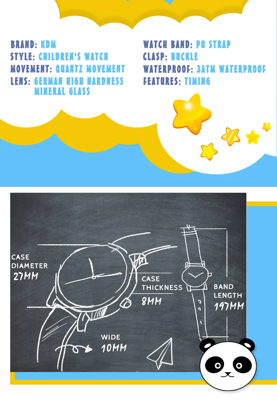 Детские наручные часы KDM студент для девочек и мальчиков часы модные носки для малышей с милым рисунком панды Водонепроницаемый часы детские, из натуральной кожи, детские наручные часы