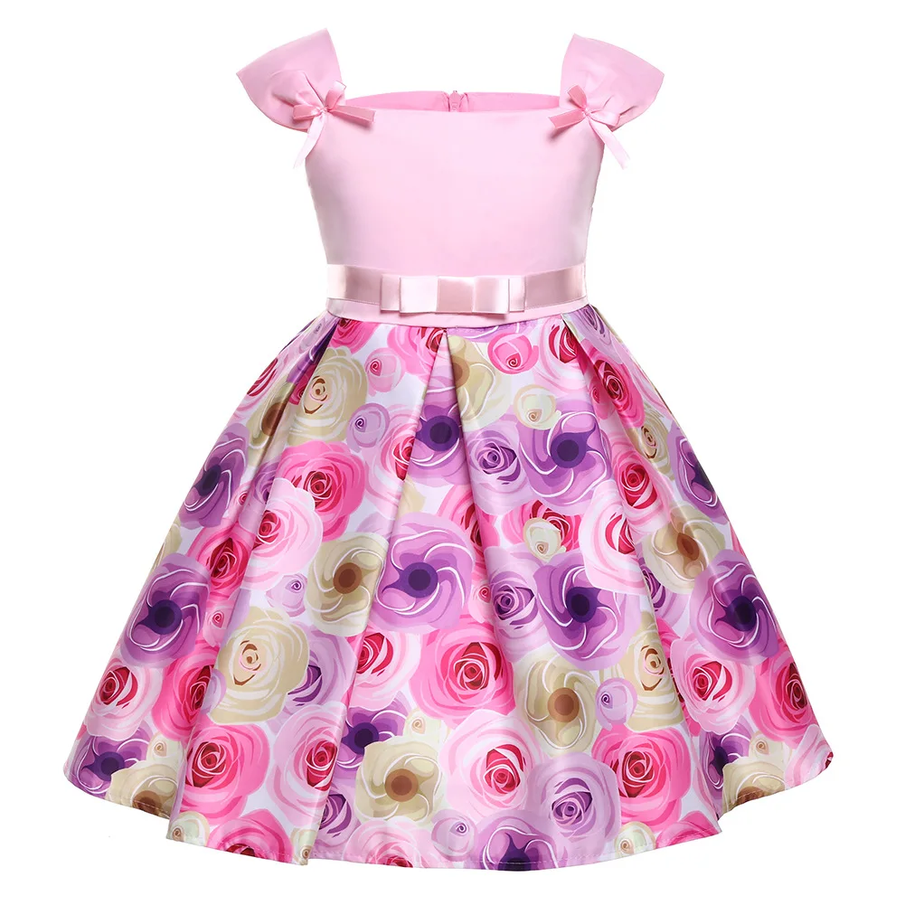 

D0014 European and American New Fashion children's Rose Dress Summer Print Dresses children's Princess Dress