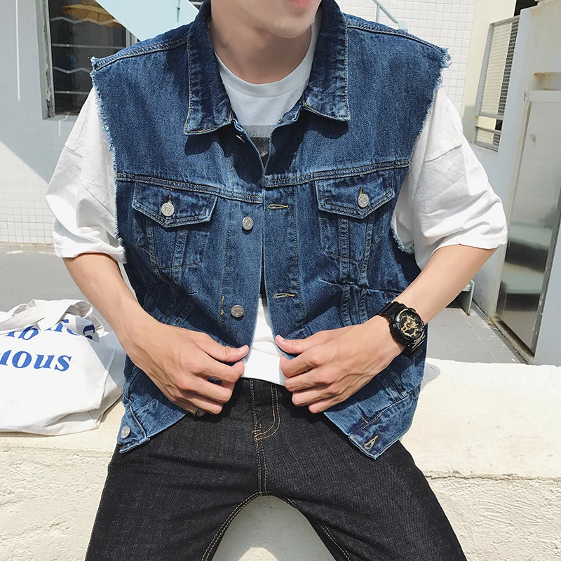 

2018 Spring And Summer New Men's Denim Vest Sleeveless Jacket Slim Blue Fashion Wild Casual Vest Hip Hop Men's Denim Jacket