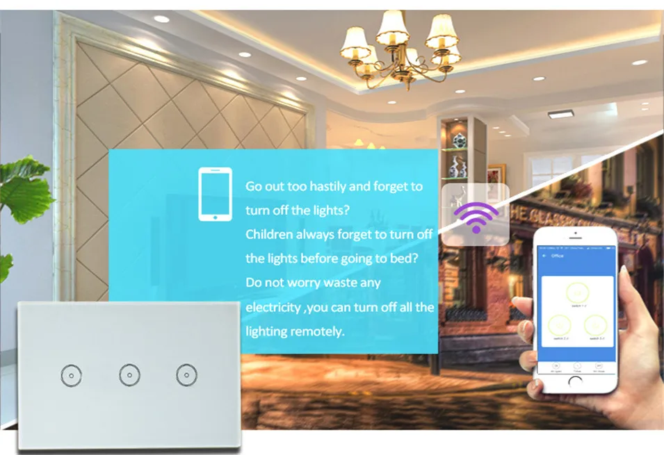 5----Wifi Smart Wall Light Switch US 3 Gang Tempered GlassTouch Panel Wireless Switch Wifi Remote Lamps ONOFF with Amazon Alexa