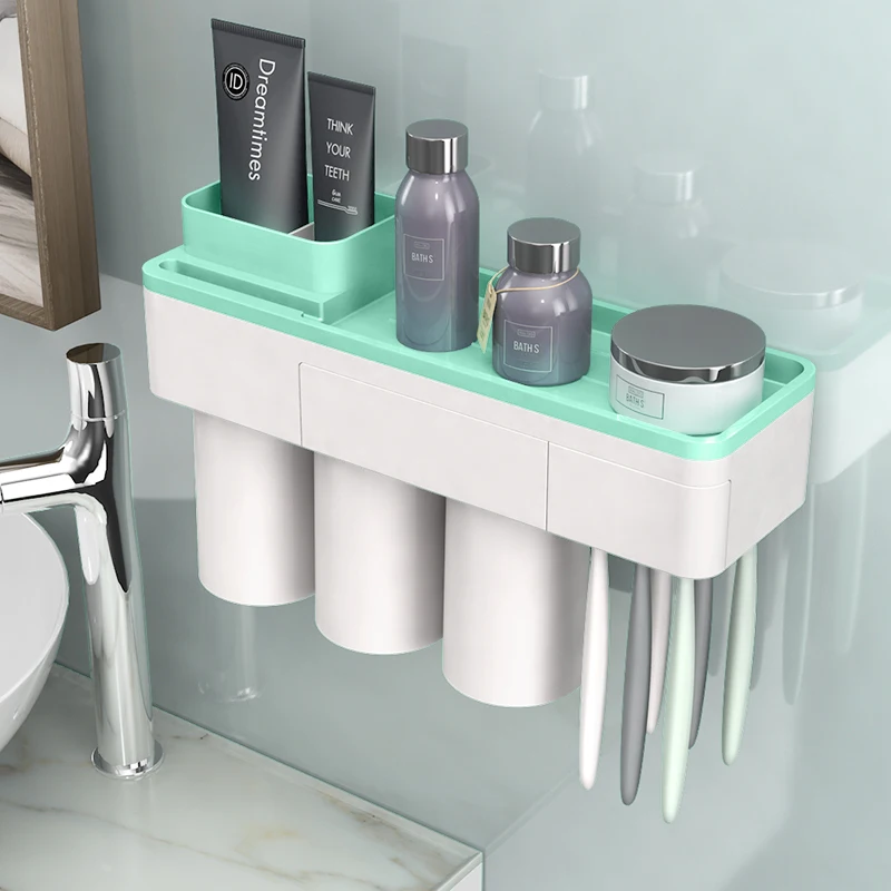 GUNOT Magnetic Adsorption Toothbrush Holder Toothpaste Dispenser Wall Mounted Storage Box Multifunction Bathroom Accessories Set - Цвет: Green 3 Cups