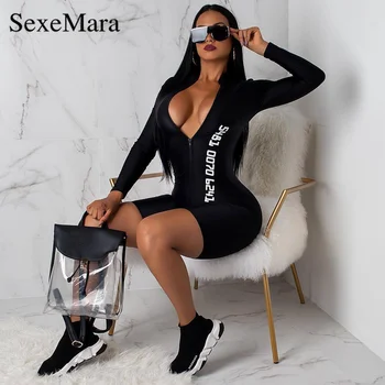 

ANJAMANOR Number Print Black Bodycon Jumpsuit Clubwear Night Out Playsuit Front Zip V Neck Long Sleeve Bandage Romper D91-AC94