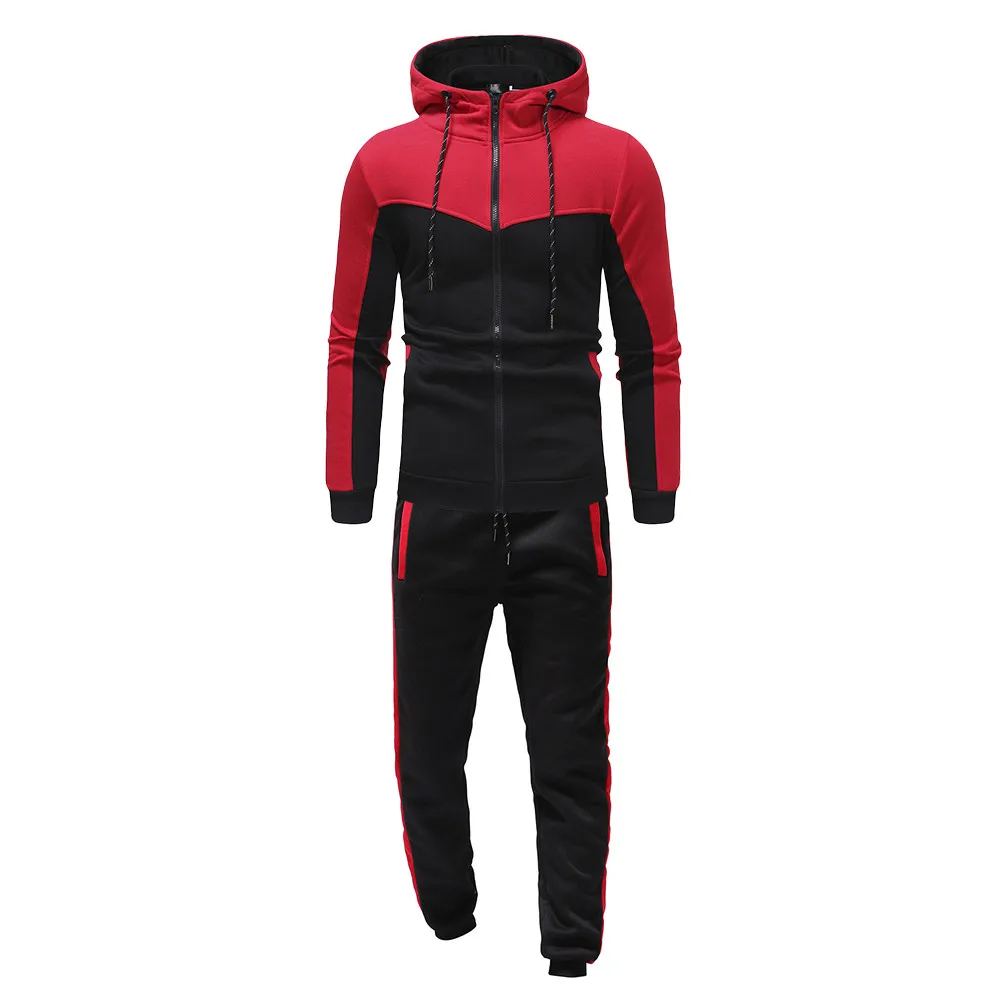 Feitong Men Tracksuit Autumn Winter Packwork Sweatshirt Top Pants Sets Sports Suit Tracksuit Ropa Deportiva Hombre Tracksuit Men - Цвет: Red