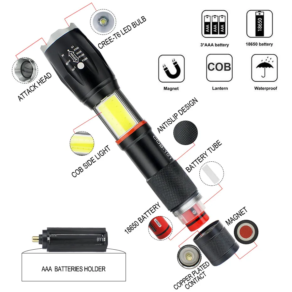 Мощный водонепроницаемый светодиодный фонарик, портативный светодиодный фонарь для кемпинга T6+ COB фонарь, фонарь для самообороны, тактический фонарь