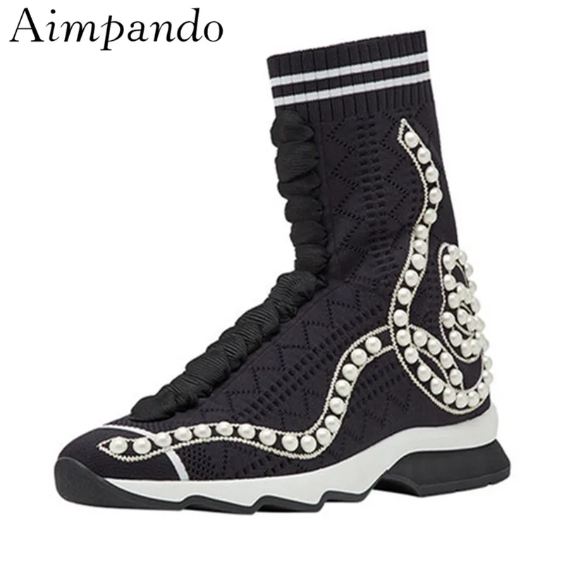 

New Arrival Knitted Sock Booties High Increasing Flat Platform Fashion White String Bead Ankle Boots Women