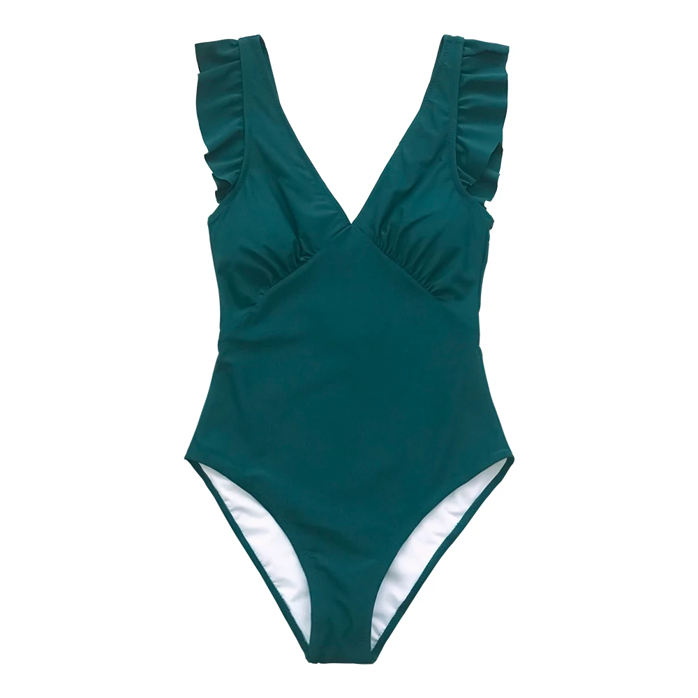 Green Teal Plunging Solid One Piece Swimsuit Ruffle Ruched Monokini ...